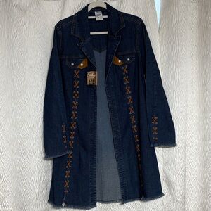 **NWT- Ethyl Denim Leather Lace Up Jacket Western Long Duster F-Size Large